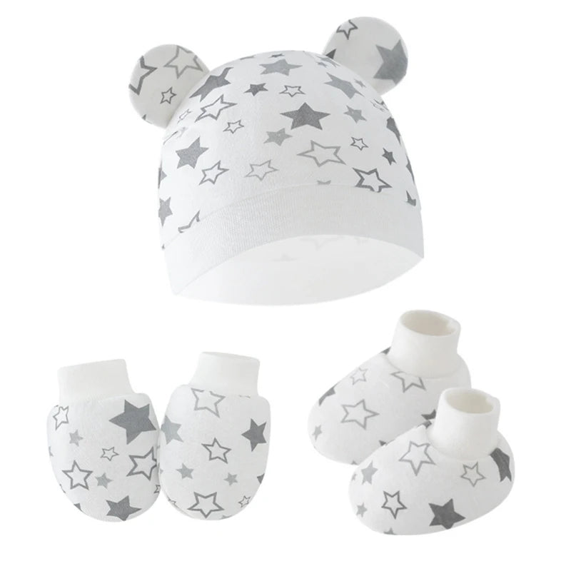 Newborn Baby Hat anti Scratch Gloves and Socks Set Cotton Headwear Anti-Grab Mittens and Foot Cover for Boys Girls