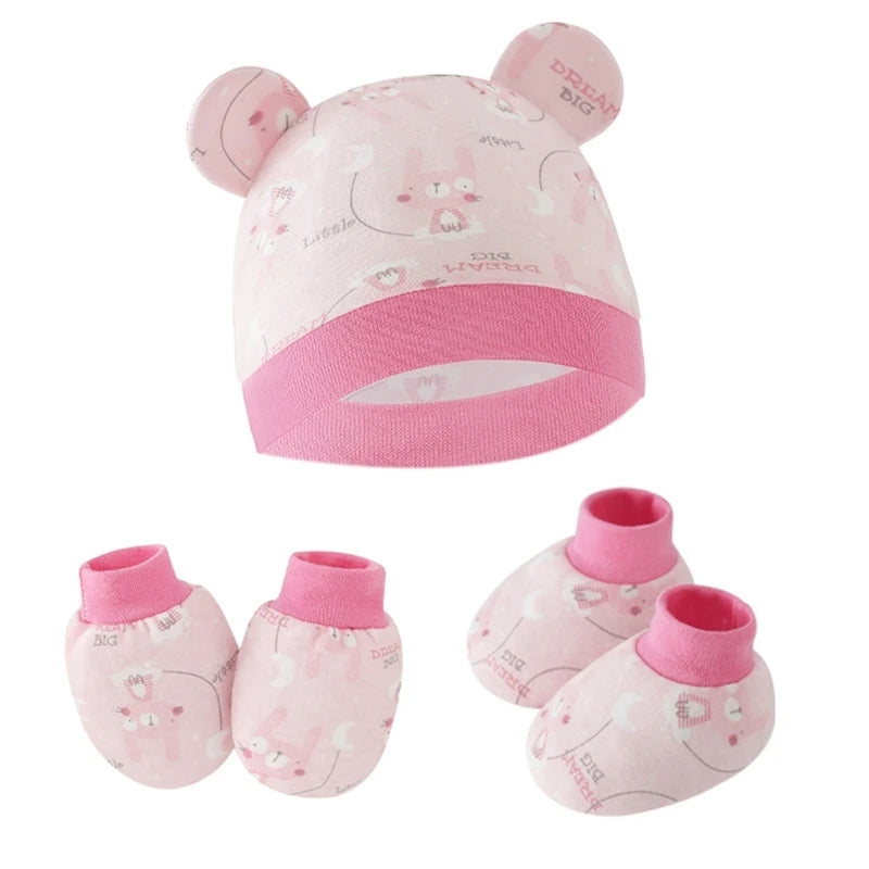 Newborn Baby Hat anti Scratch Gloves and Socks Set Cotton Headwear Anti-Grab Mittens and Foot Cover for Boys Girls