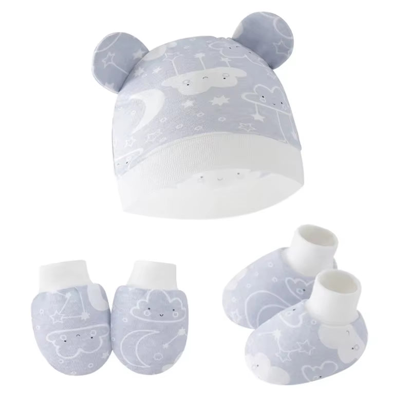 Newborn Baby Hat anti Scratch Gloves and Socks Set Cotton Headwear Anti-Grab Mittens and Foot Cover for Boys Girls