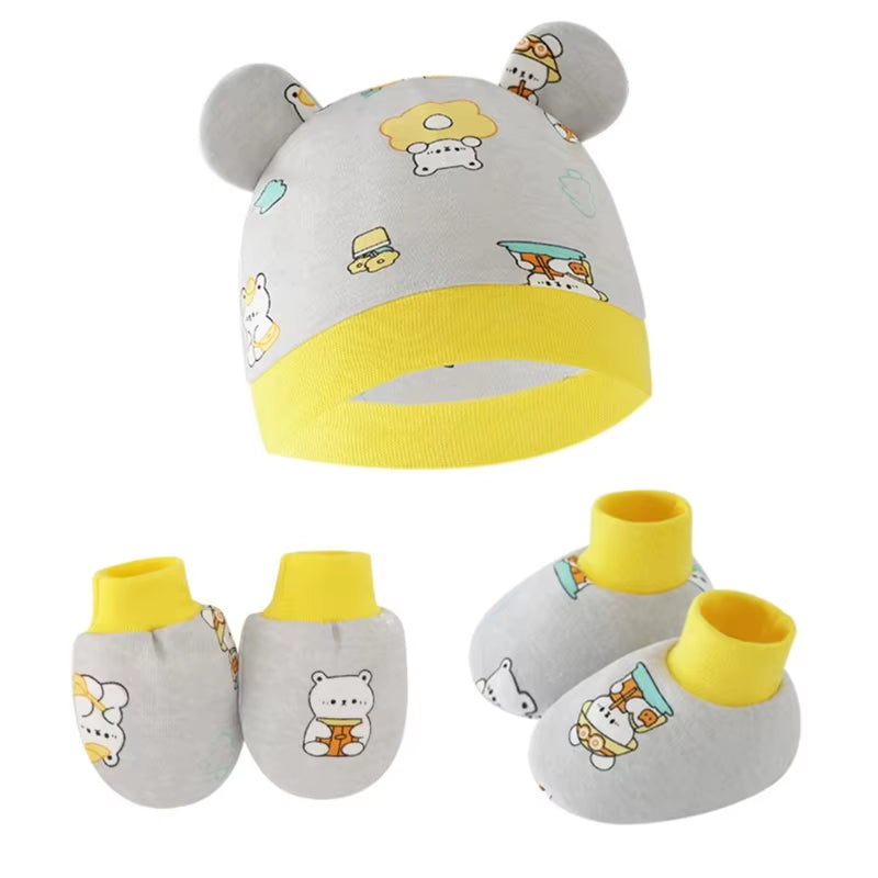 Newborn Baby Hat anti Scratch Gloves and Socks Set Cotton Headwear Anti-Grab Mittens and Foot Cover for Boys Girls