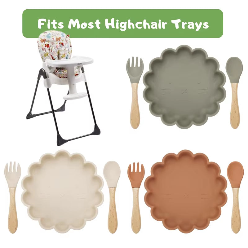 3Pcs Baby Plate Spoon Fork Feeding Food Tableware Set Feeding Bowl Food Grade Silicone Non-Slip Flower Shape Bowl BPA Free