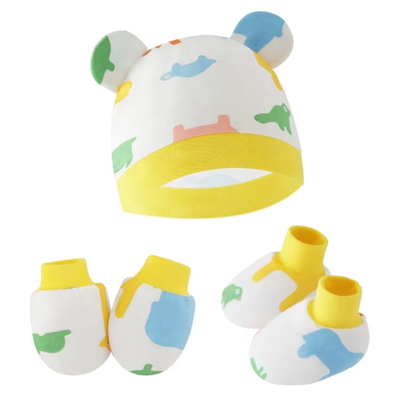 Newborn Baby Hat anti Scratch Gloves and Socks Set Cotton Headwear Anti-Grab Mittens and Foot Cover for Boys Girls