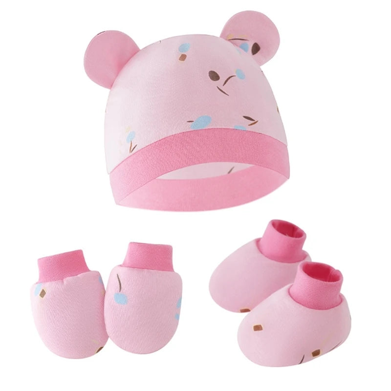 Newborn Baby Hat anti Scratch Gloves and Socks Set Cotton Headwear Anti-Grab Mittens and Foot Cover for Boys Girls