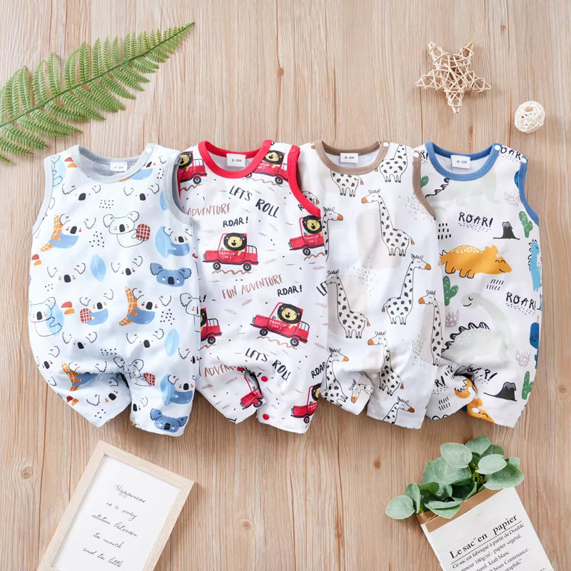 Newborn Clothing Cute Cartoon Animal Print Casual and Comfortable Soft Boy and Girl Summer round Neck Sleeveless Baby Jumpsuit