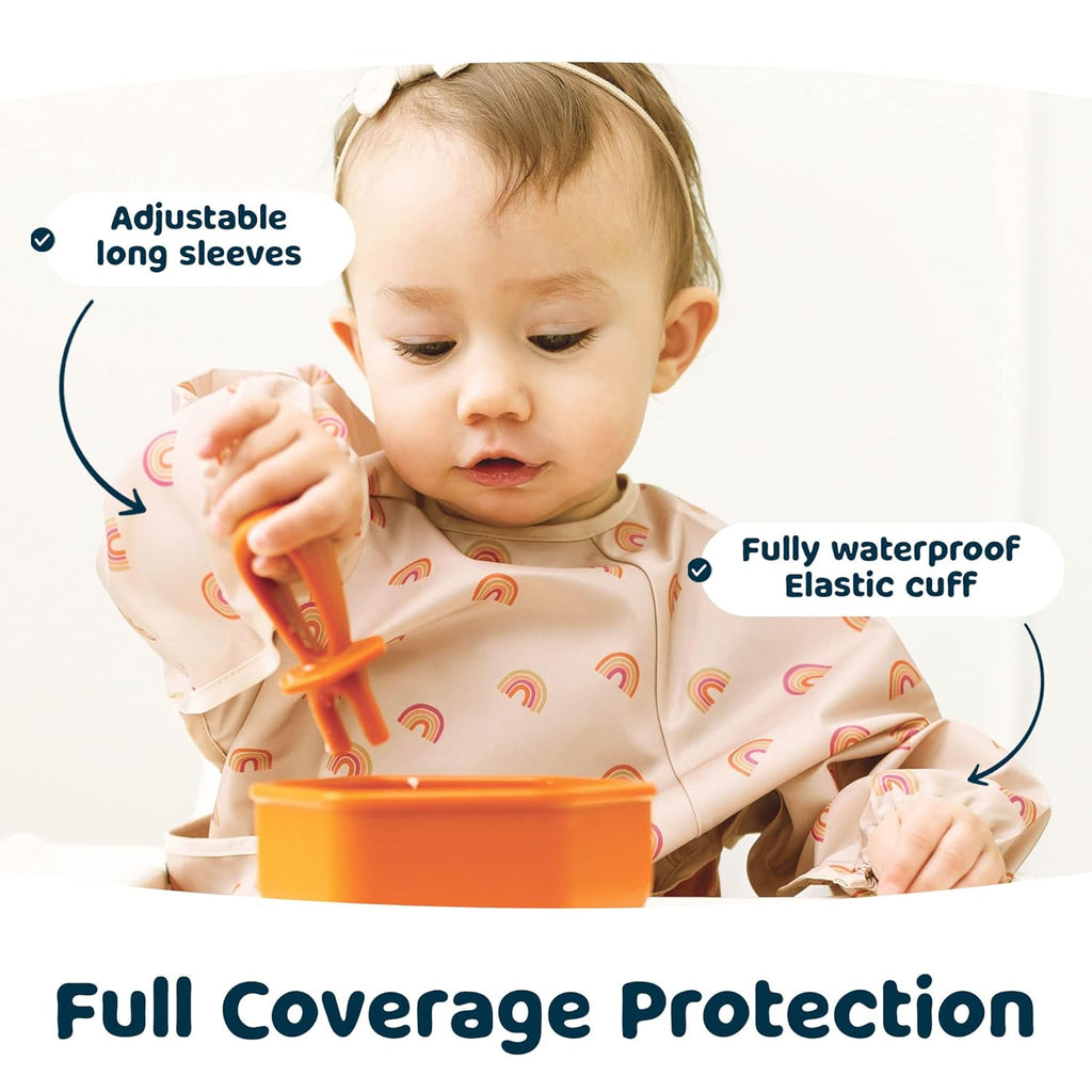 Long Sleeve Bib for Babies & Toddlers | Waterproof Smock Bib for Eating | Machine Washable & Mess-Proof Feeding Essentials | Newborn Shower Gift (Boho Rainbow, 2-4Y)