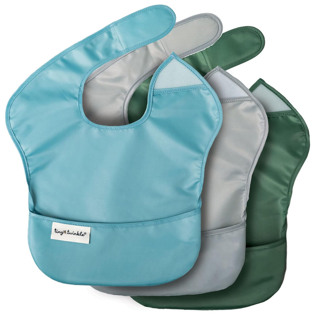 Mess-Proof Baby Bibs for Eating | Waterproof, Wipeable Toddler Bibs with Catch-All Pocket | Feeding Bibs for Girls & Boys(3 Pack,Slate, Olive)