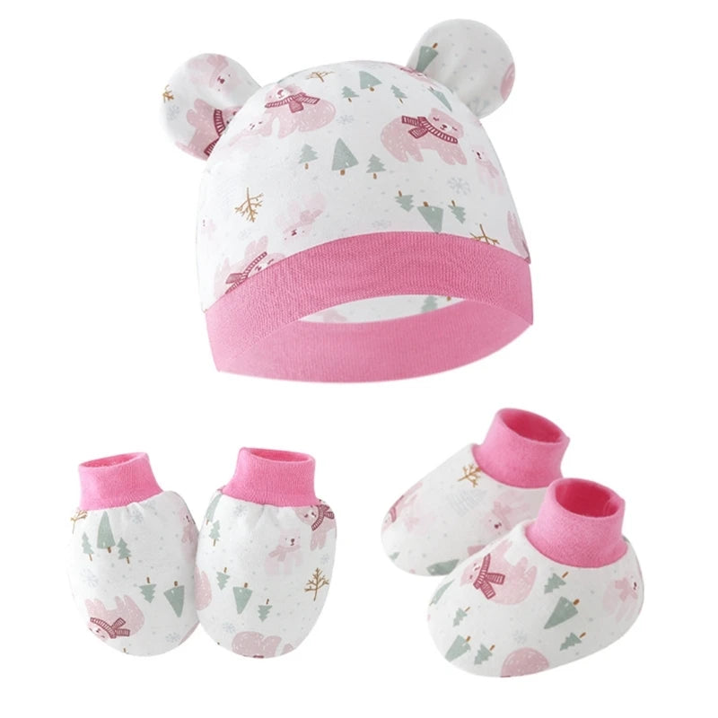 Newborn Baby Hat anti Scratch Gloves and Socks Set Cotton Headwear Anti-Grab Mittens and Foot Cover for Boys Girls