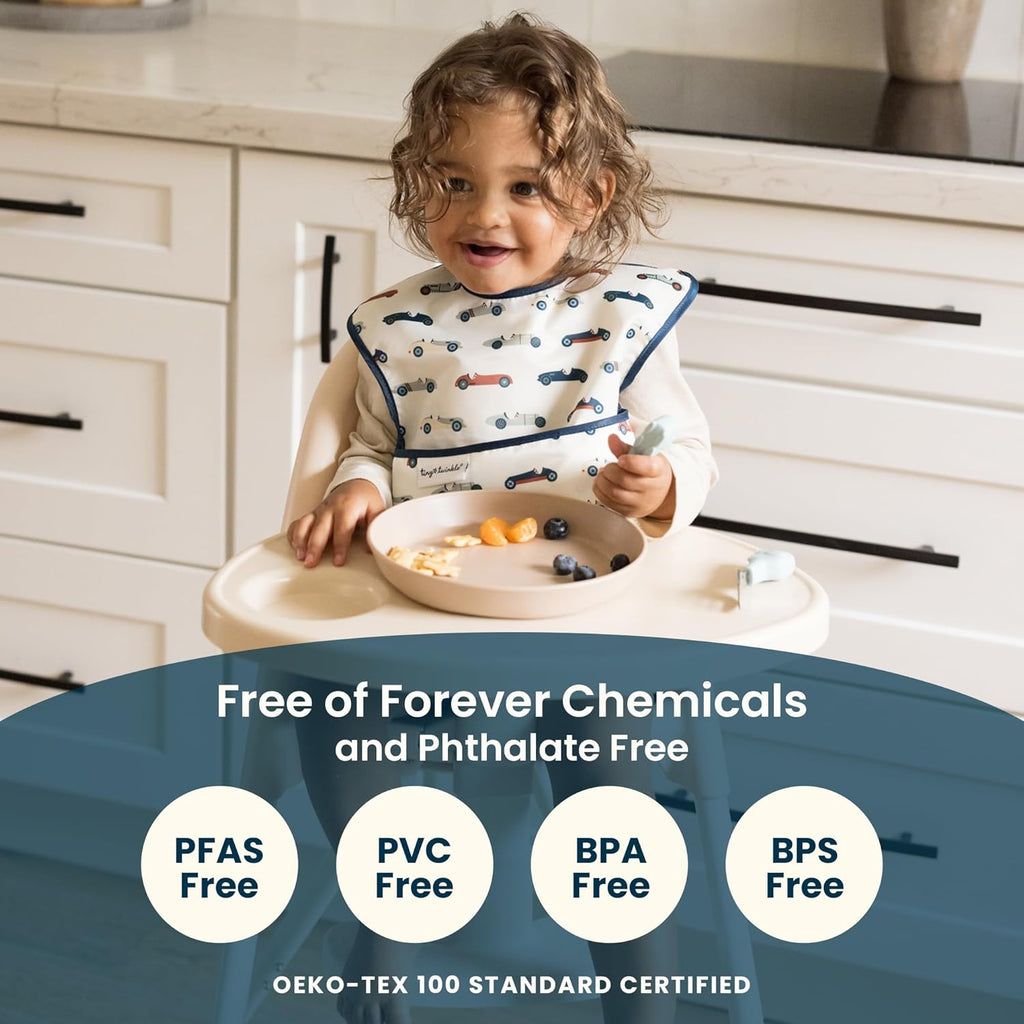 Mess-Proof Baby Bibs for Eating | Waterproof, Wipeable Toddler Bibs with Catch-All Pocket | Feeding Bibs for Girls & Boys(3 Pack,Slate, Olive)