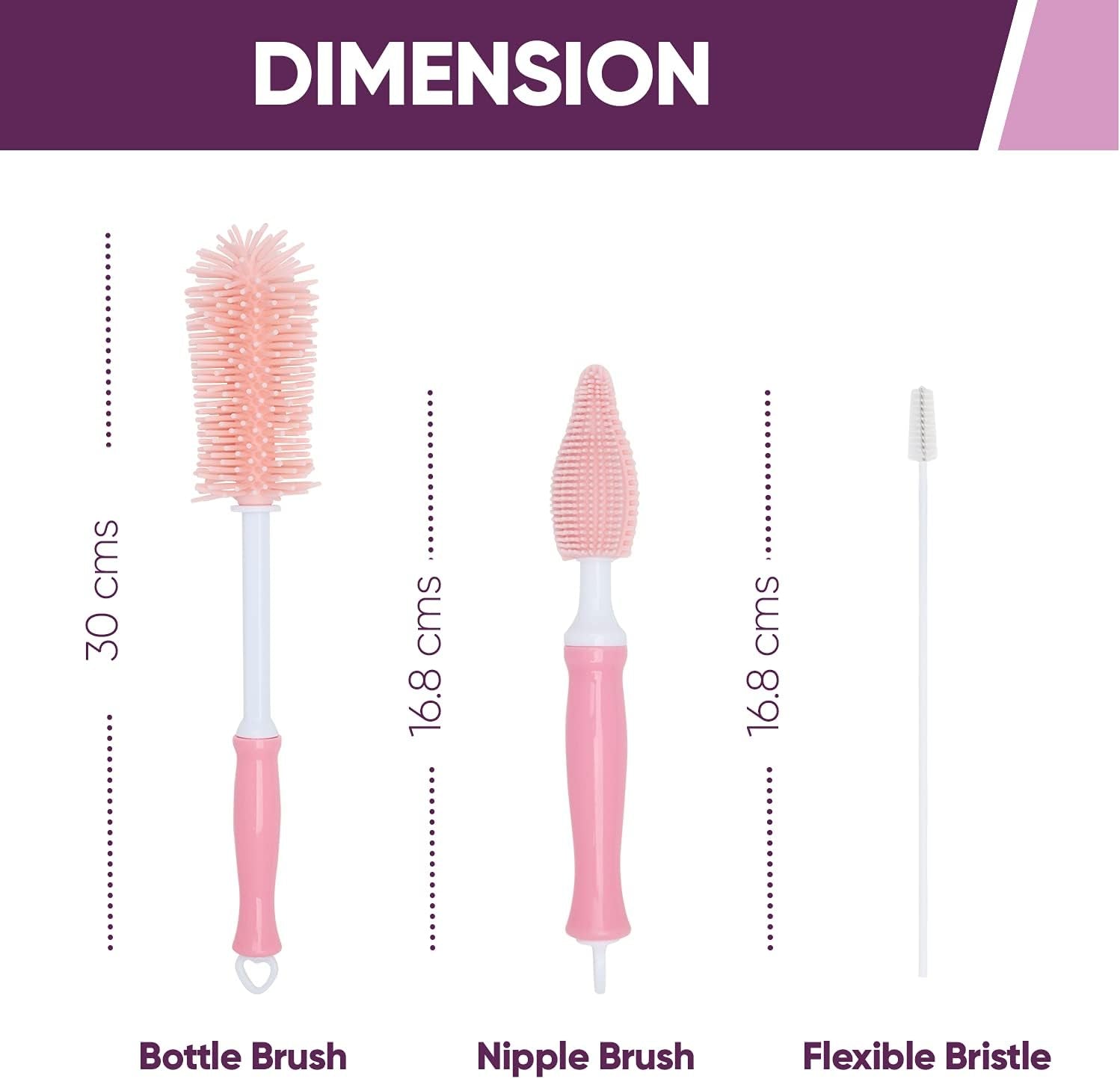 Pink (3) Baby Bottle Silicone Brushes and (30 Pack) Baby Milk Bottle Cleaning Tablets, Baby Water Bottle Tumbler Cleaner