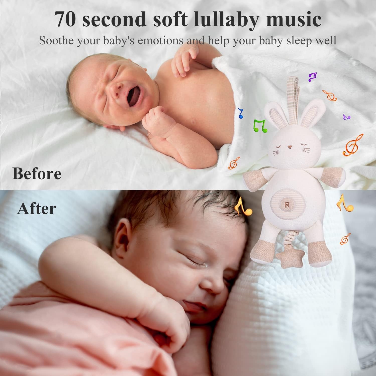 Newborn Baby Toys, Soft Cotton Stuffed Bunny Toy with Lullaby Music for Boy & Girl Babies 0-3-4-6+ Months,Easter Gift for Baby (Rabbit)