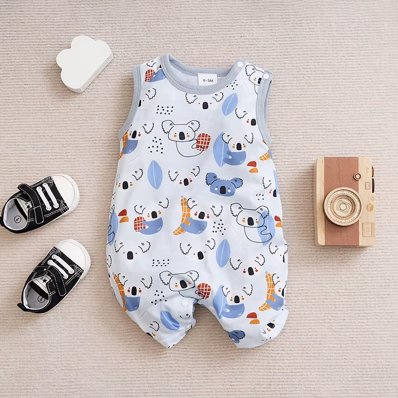 Newborn Clothing Cute Cartoon Animal Print Casual and Comfortable Soft Boy and Girl Summer round Neck Sleeveless Baby Jumpsuit