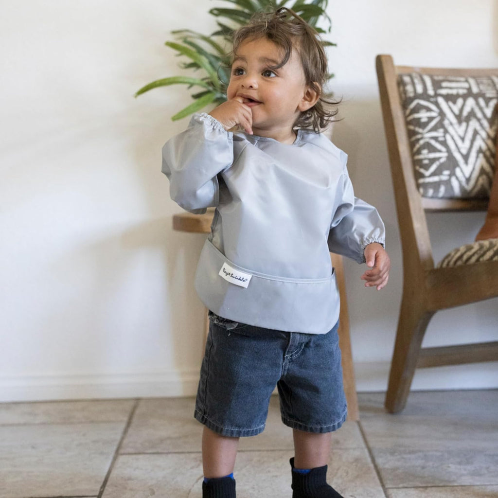 Long Sleeve Bib for Babies & Toddlers | 2-Pack Waterproof Smock Bib for Eating | Machine Washable & Mess-Proof Feeding Essentials | Newborn Shower Gift (Grey Indigo,2-4Y)