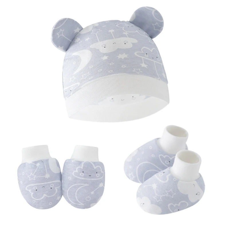 Newborn Baby Hat anti Scratch Gloves and Socks Set Cotton Headwear Anti-Grab Mittens and Foot Cover for Boys Girls