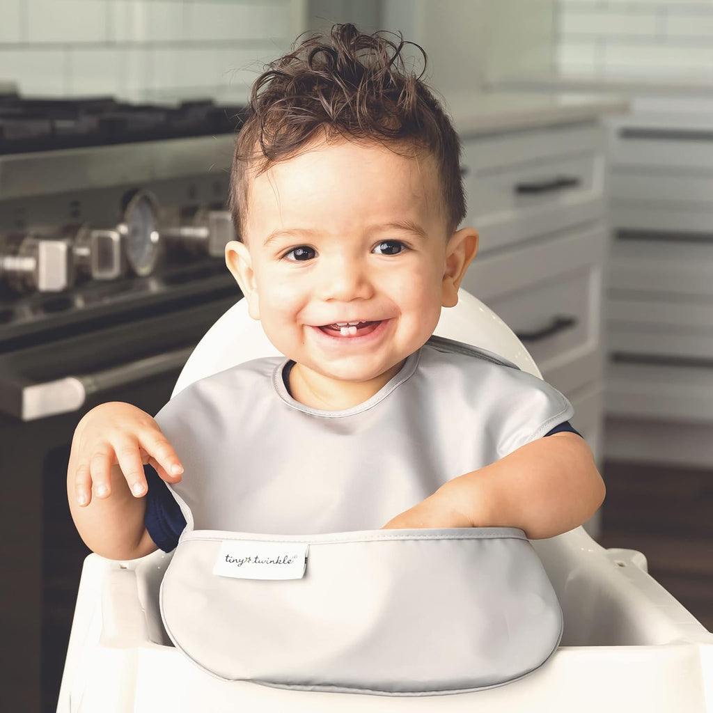 Mess-Proof Baby Bibs for Eating | Waterproof, Wipeable Toddler Bibs with Catch-All Pocket | Feeding Bibs for Girls & Boys(3 Pack,Slate, Olive)