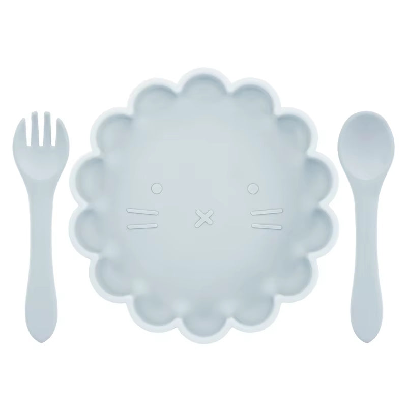 3Pcs Baby Plate Spoon Fork Feeding Food Tableware Set Feeding Bowl Food Grade Silicone Non-Slip Flower Shape Bowl BPA Free