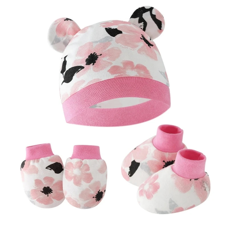 Newborn Baby Hat anti Scratch Gloves and Socks Set Cotton Headwear Anti-Grab Mittens and Foot Cover for Boys Girls