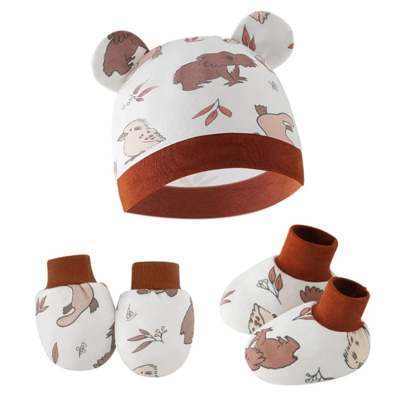 Newborn Baby Hat anti Scratch Gloves and Socks Set Cotton Headwear Anti-Grab Mittens and Foot Cover for Boys Girls