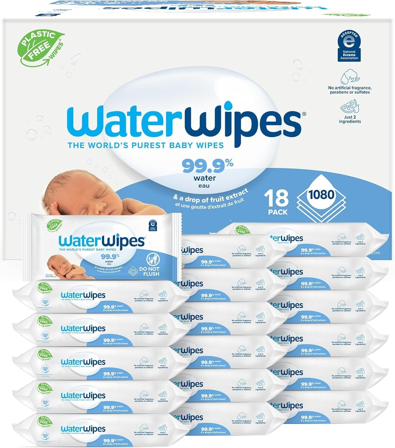 Waterwipes Plastic-Free Original Baby Wipes, 99.9% Water Based Wipes, Unscented