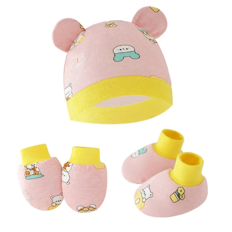 Newborn Baby Hat anti Scratch Gloves and Socks Set Cotton Headwear Anti-Grab Mittens and Foot Cover for Boys Girls