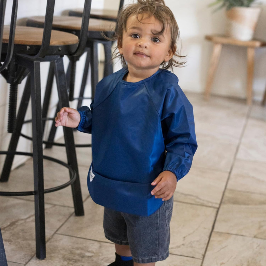 Long Sleeve Bib for Babies & Toddlers | 2-Pack Waterproof Smock Bib for Eating | Machine Washable & Mess-Proof Feeding Essentials | Newborn Shower Gift (Grey Indigo,2-4Y)