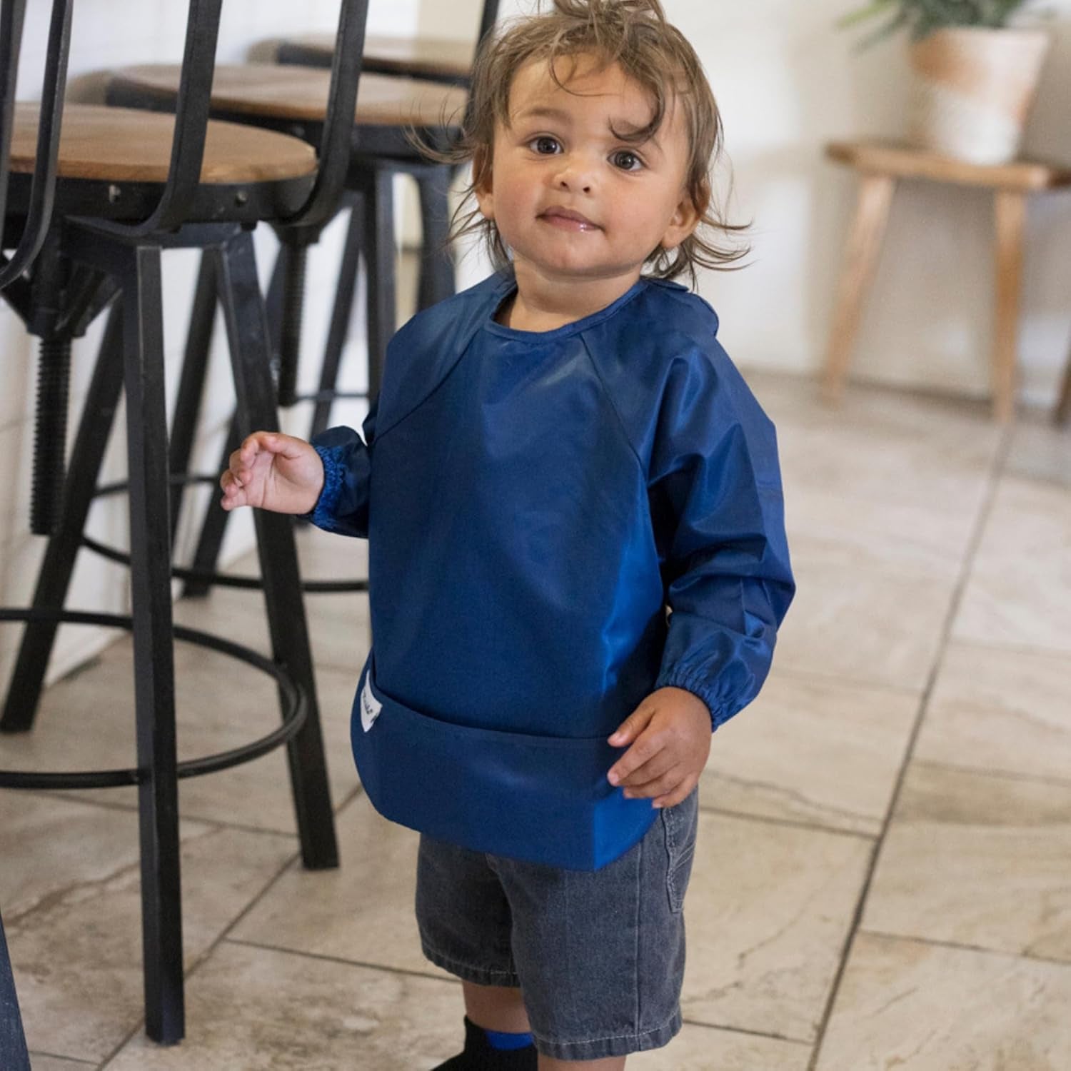 Long Sleeve Bib for Babies & Toddlers | 2-Pack Waterproof Smock Bib for Eating | Machine Washable & Mess-Proof Feeding Essentials | Newborn Shower Gift (Grey Indigo,2-4Y)