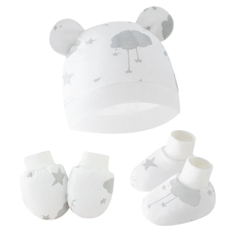 Newborn Baby Hat anti Scratch Gloves and Socks Set Cotton Headwear Anti-Grab Mittens and Foot Cover for Boys Girls