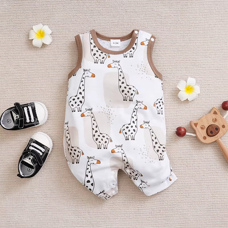 Newborn Clothing Cute Cartoon Animal Print Casual and Comfortable Soft Boy and Girl Summer round Neck Sleeveless Baby Jumpsuit