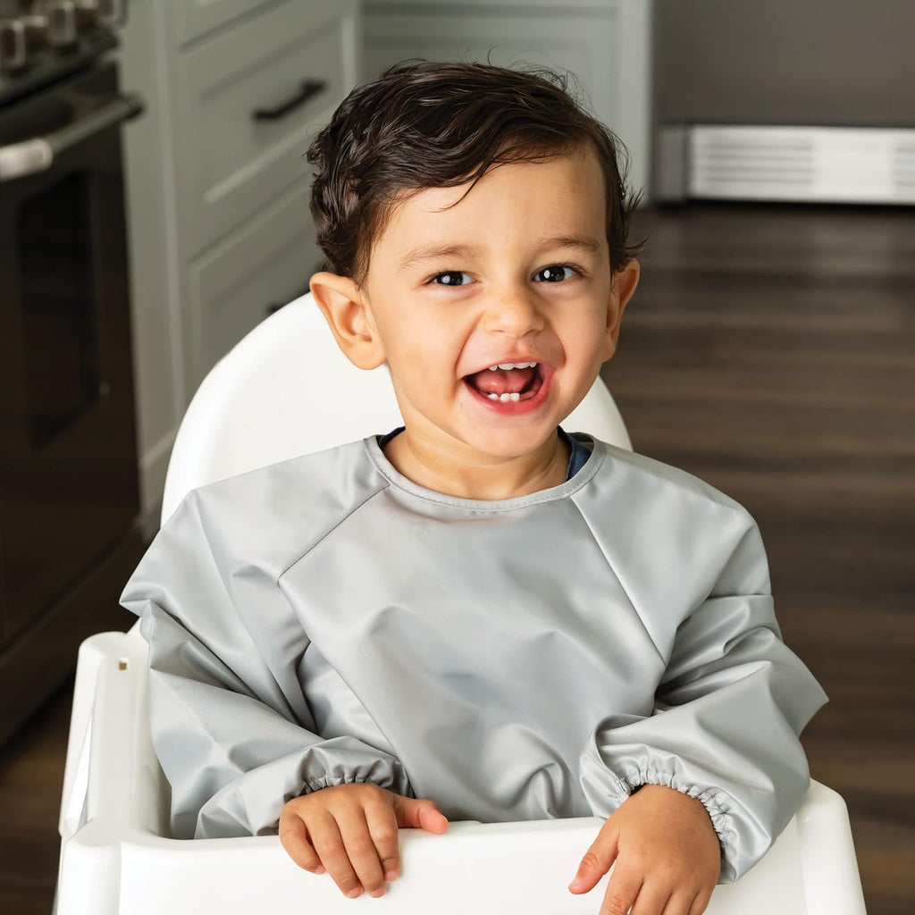 Long Sleeve Bib for Babies & Toddlers | 2-Pack Waterproof Smock Bib for Eating | Machine Washable & Mess-Proof Feeding Essentials | Newborn Shower Gift (Grey Indigo,2-4Y)