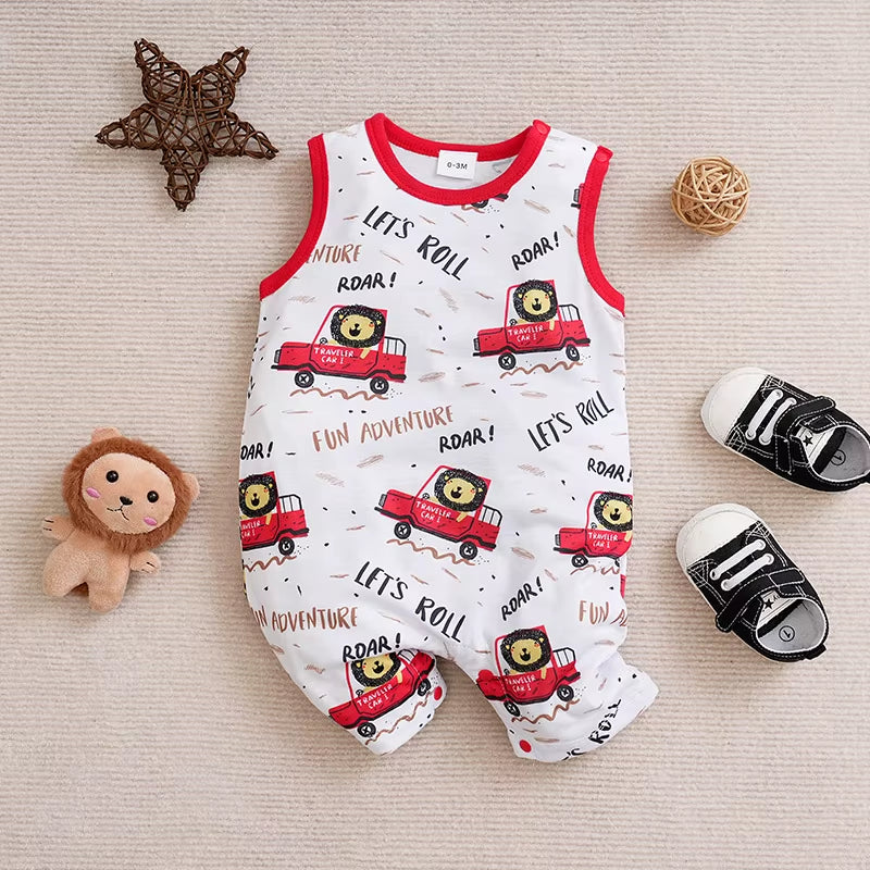Newborn Clothing Cute Cartoon Animal Print Casual and Comfortable Soft Boy and Girl Summer round Neck Sleeveless Baby Jumpsuit