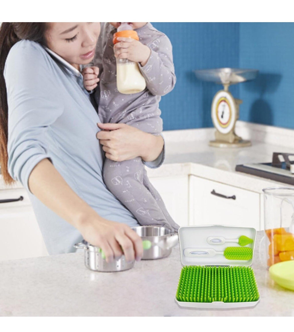 Premium Travel Green Baby Bottle Drying Rack & Cleaning Brushes ~ in Travel Case