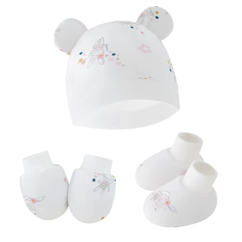 Newborn Baby Hat anti Scratch Gloves and Socks Set Cotton Headwear Anti-Grab Mittens and Foot Cover for Boys Girls