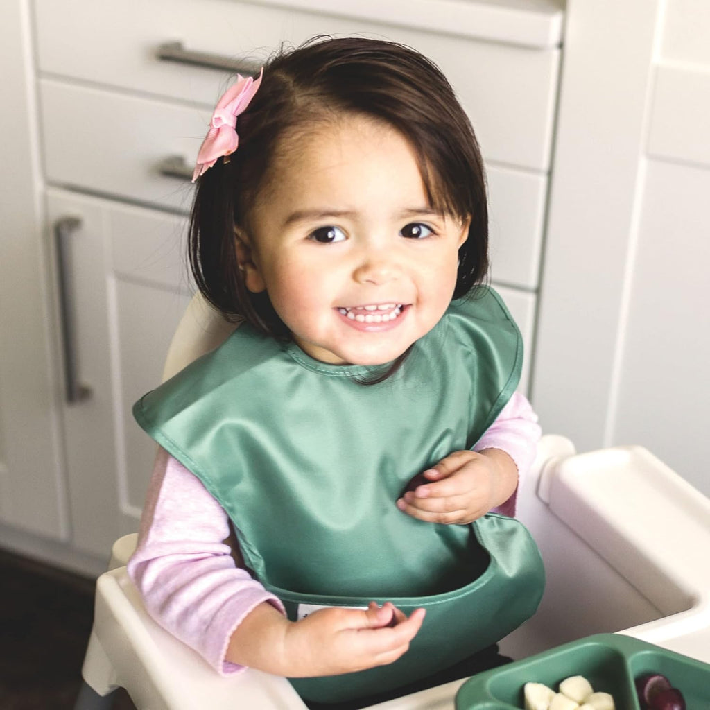 Mess-Proof Baby Bibs for Eating | Waterproof, Wipeable Toddler Bibs with Catch-All Pocket | Feeding Bibs for Girls & Boys(3 Pack,Slate, Olive)